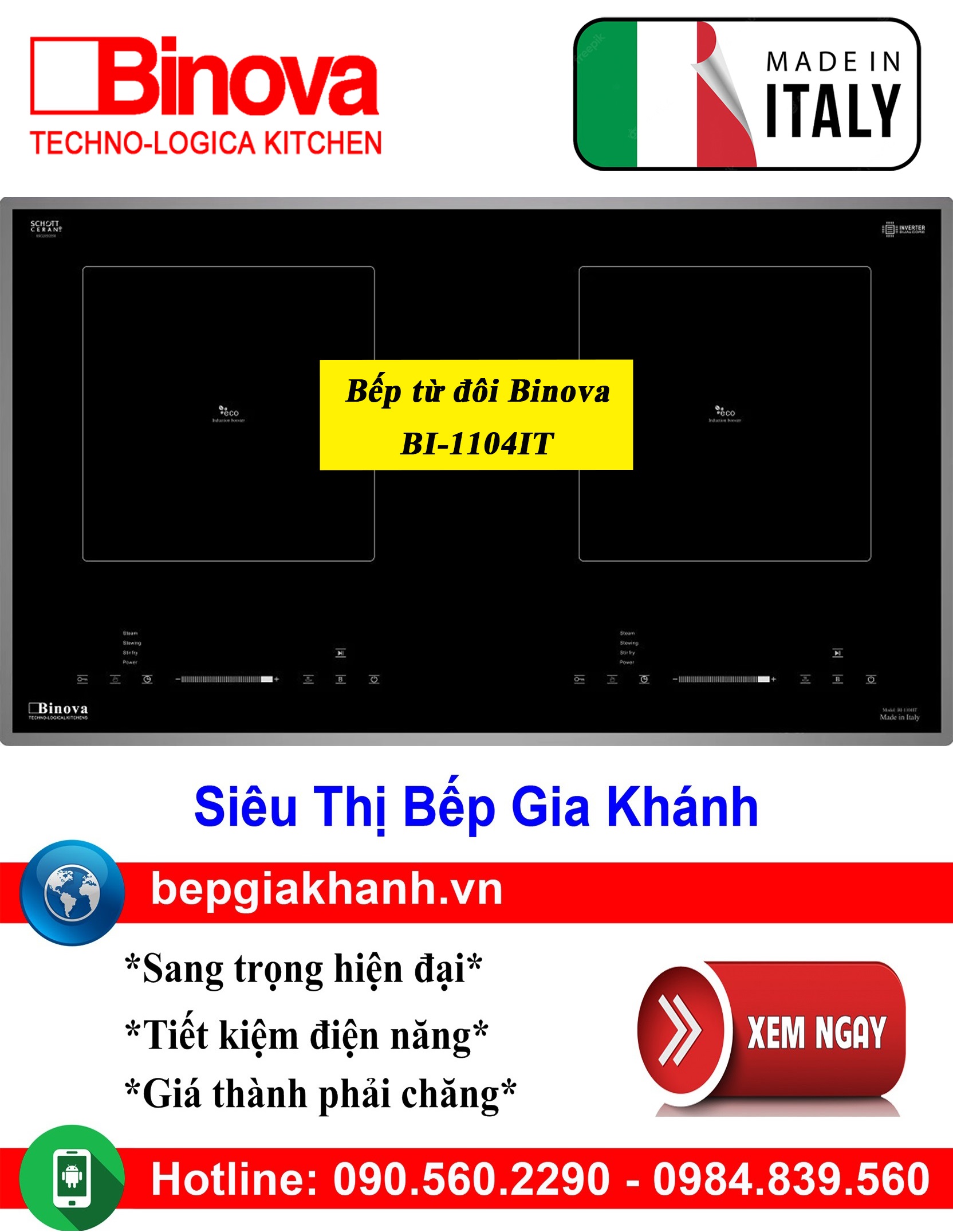 [HCM]Bếp từ đôi Binova BI-1104IT nhập khẩu Italy, bếp từ, bếp điện từ, bếp từ đôi, bếp điện từ đôi, bếp từ giá rẻ, bếp điện từ giá rẻ, bếp từ đơn, bep tu don, bep tu