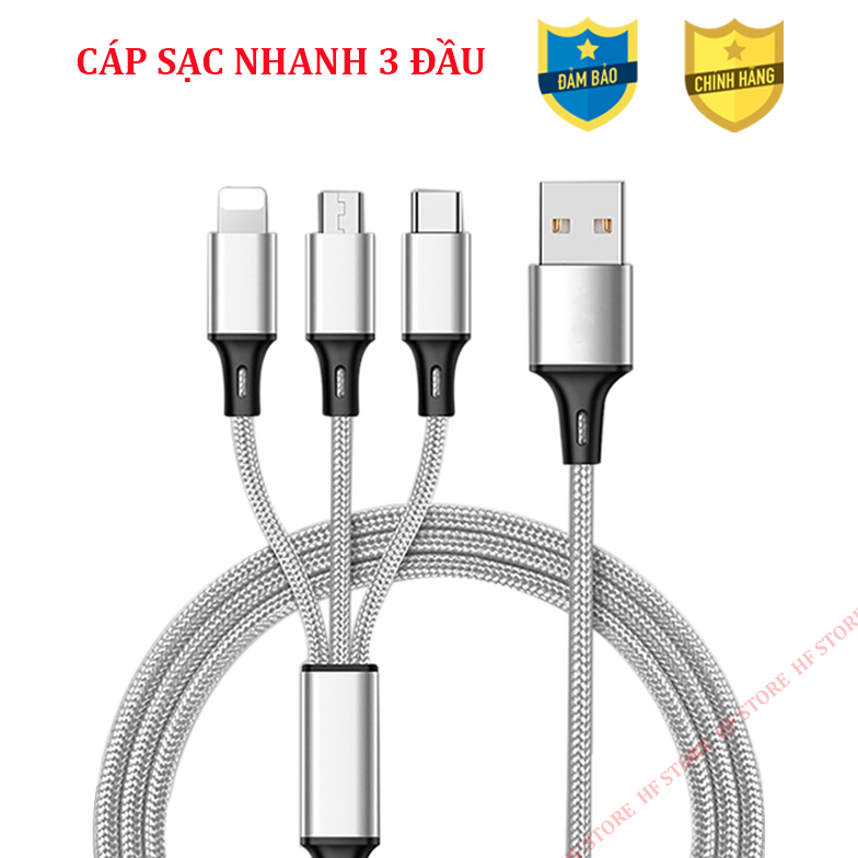 Cáp sạc nhanh usb 3 trong 1 - cáp sạc iphone - cáp sạc type c - cáp sạc micro - dây sạc nylon cho iphone samsung xiaomi huawei vivo oppo micro usb type c