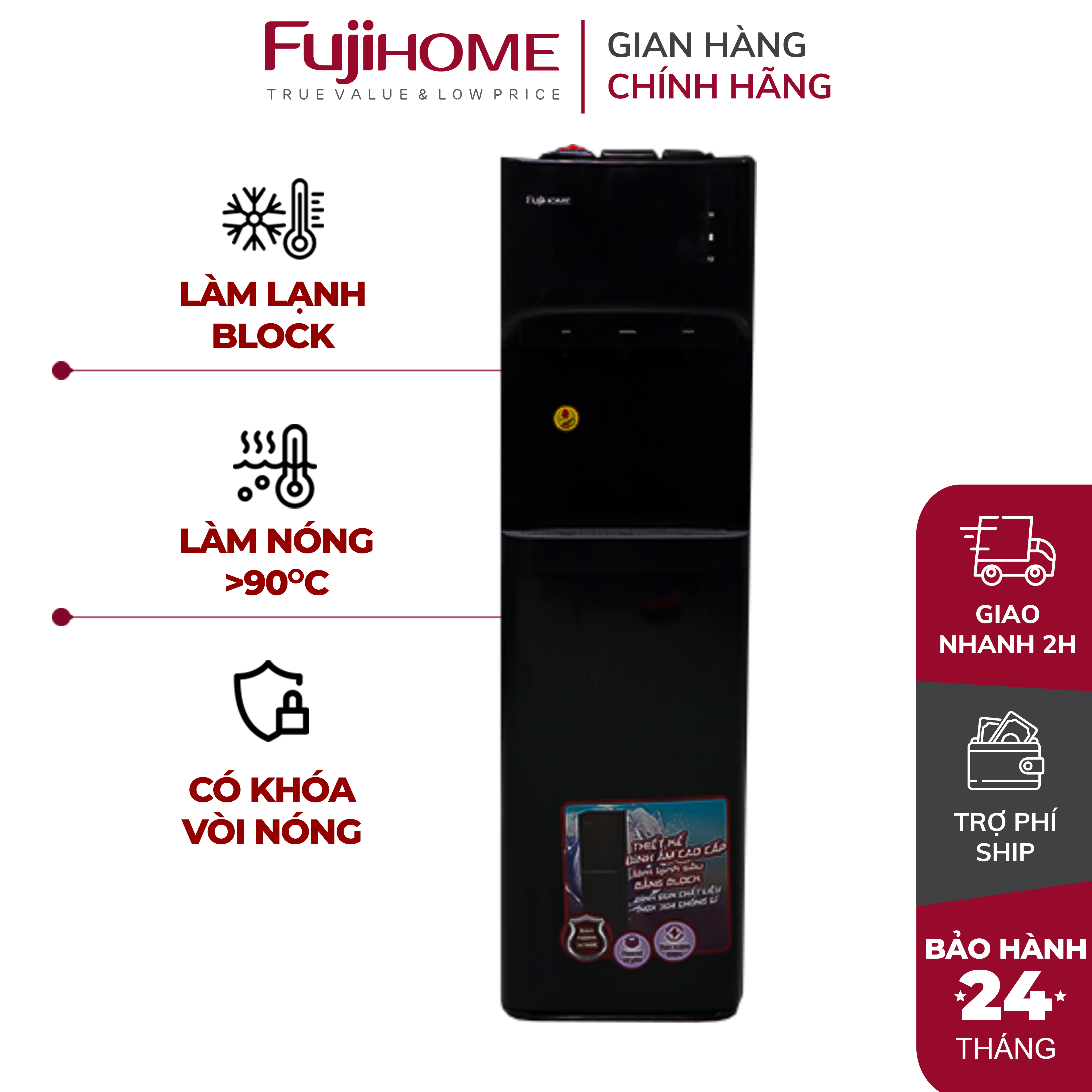 Cây nước nóng lạnh bình âm nhập khẩu FUJIHOME WD606C, máy nước uống nóng lạnh bình lọc, khóa vòi nón