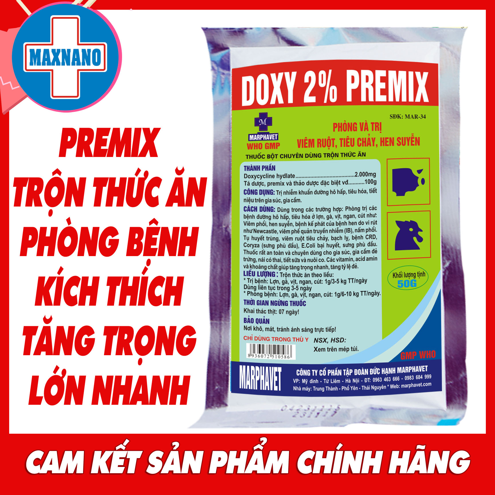 Premix trộn thức ăn DOXY 2% PREMIX 50g Phòng các bệnh hô hấp, cung cấp vitamin khoáng chất cho gà, vịt, ngan