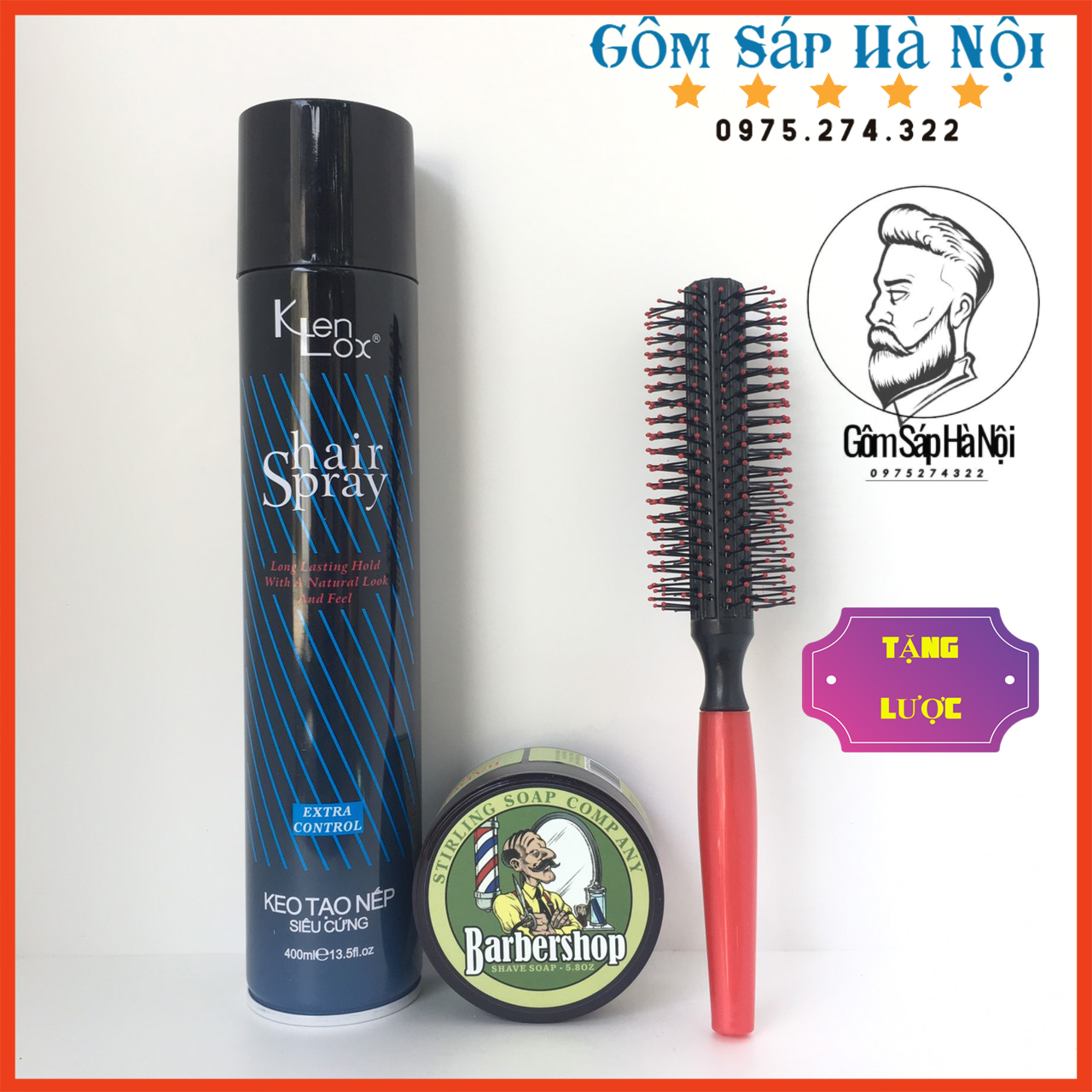 COMBO Gôm Xịt Tóc KenLox Xanh Siêu Cứng + Sáp Tạo Kiểu BarberShop Shave Soap Tặng Lược