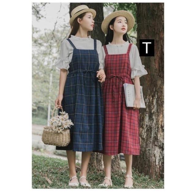 [HCM]Yếm Váy Kẻ 2 Dây Rút Eo Ulzzang Hàn Quốc ( Không kèm áo)