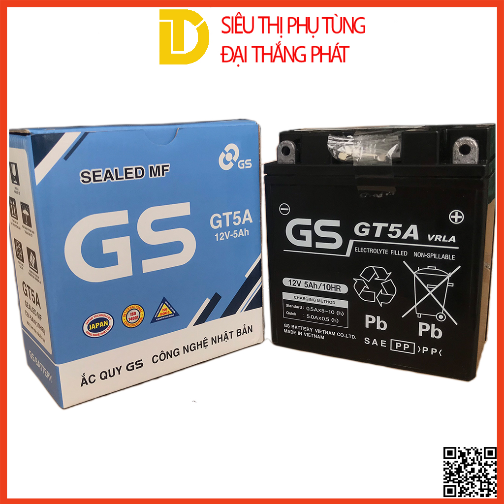 Bình ắc quy khô GS GT5A 12V-5Ah cho xe Dream, Wave, Future, Sirius, Jupiter, Taurus, Mio...