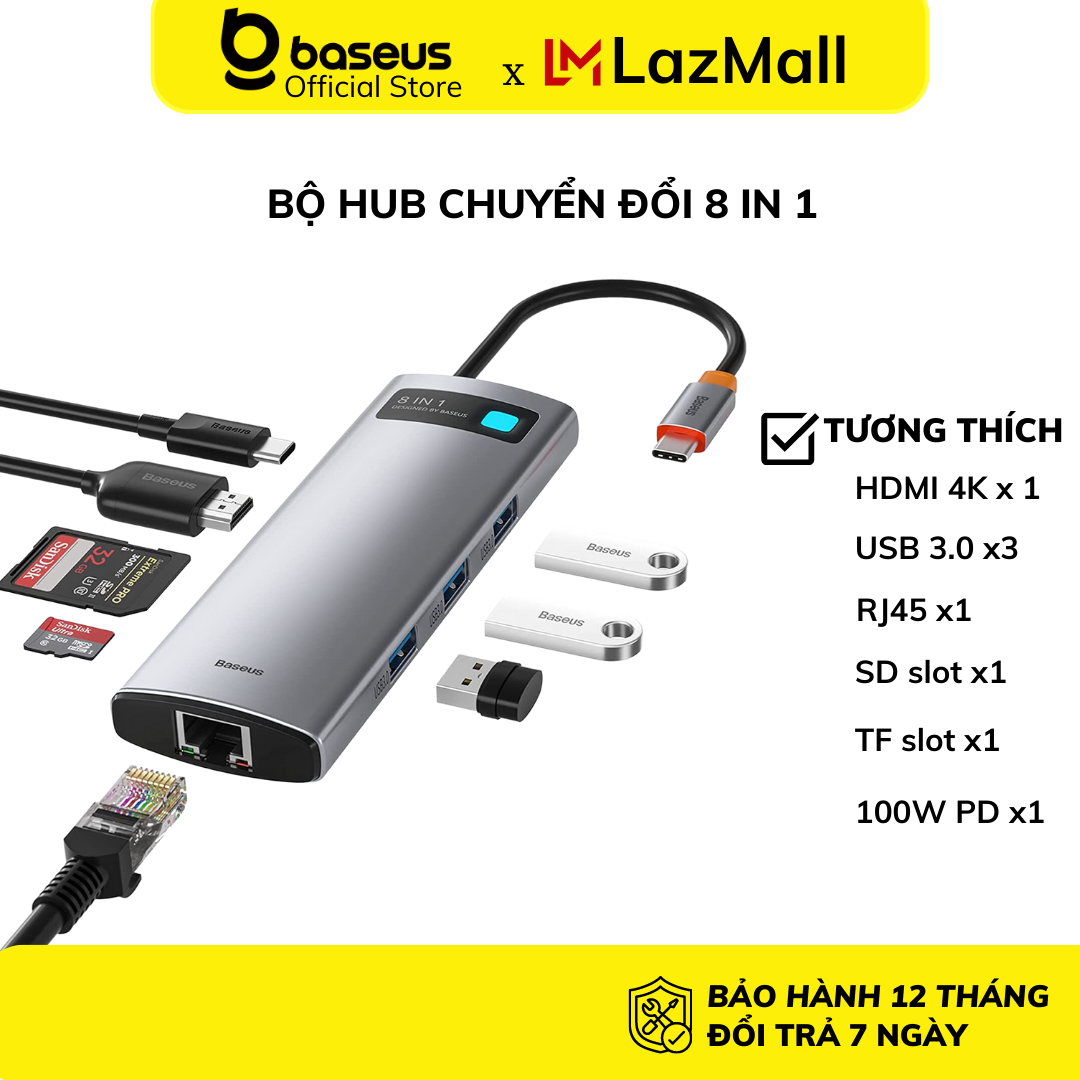 THU THẬP VOUCHER GIẢM 10 Bộ Hub chuyển Baseus Metal Gleam Series 8 in1 đa năng TypeC to HDMI/ USB3.0/ LAN / PD 100W /SD Card cho Mac / Laptop