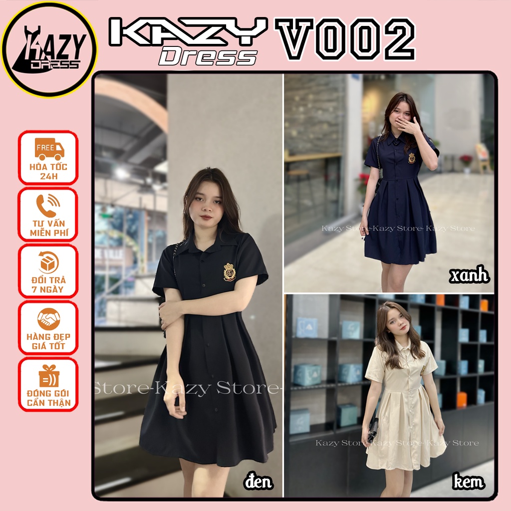 Váy sơ mi logo khoét lung thắt nơ, váy hở lưng kazy dress v002