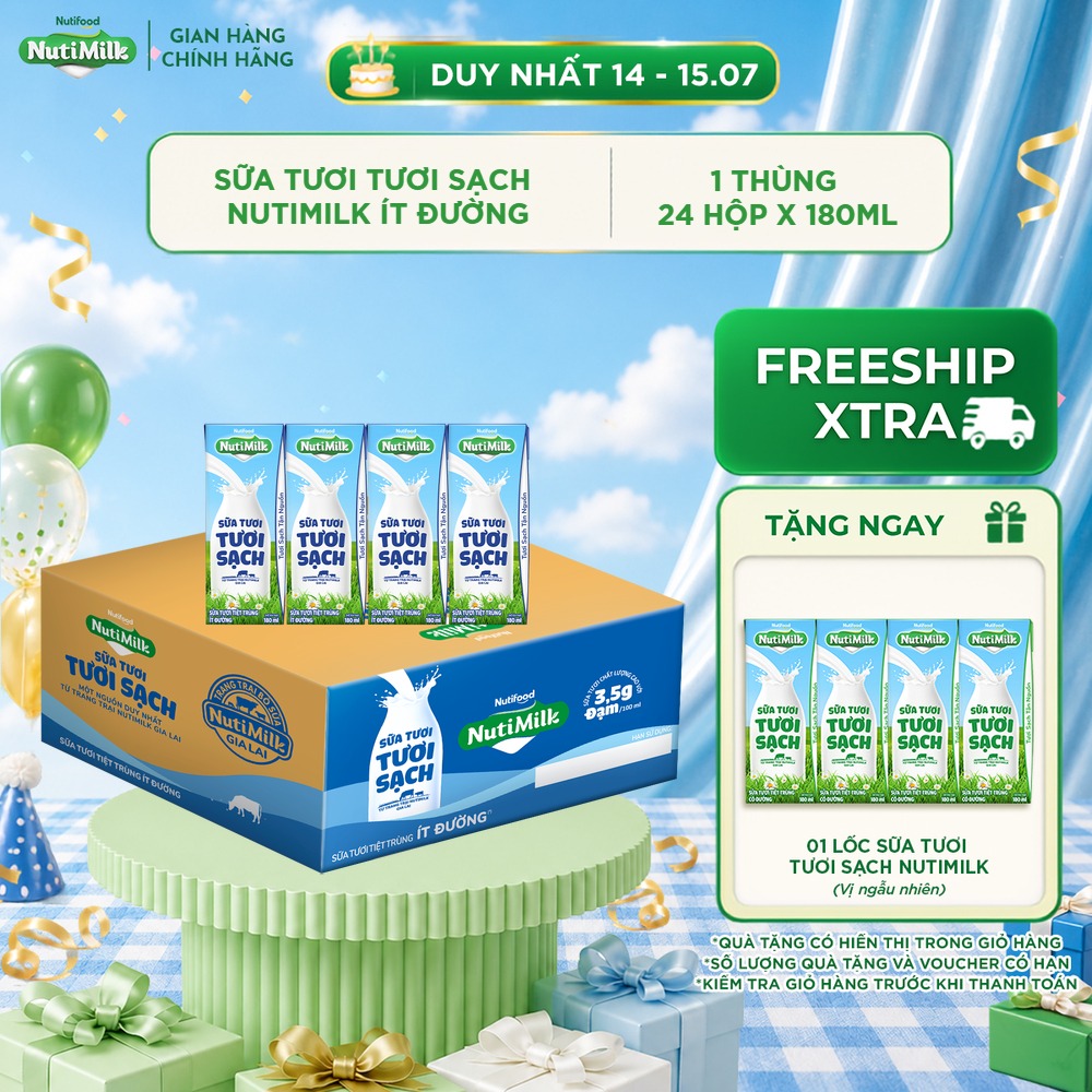 Thùng 24 Hộp Sữa Tươi Tươi Sạch NutiMilk Ít Đường Hộp 180ml