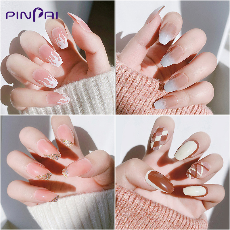 PINPAI 24 cái / hộp được thiết kế Ballet dài Ấn tượng đẹp trên bộ mong tay giả đẹp tết Bộ đầy đủ Bìa ngọn lửa Mẹo chăm sóc móng nhân tạo giả với nhãn dán trang trí móng tay