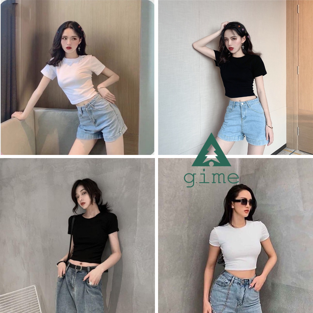 Áo croptop nữ cổ tròn áo ôm body tay ngắn chất vải dày dặn croptop trơn dáng basic đen trắng cá tính sexy