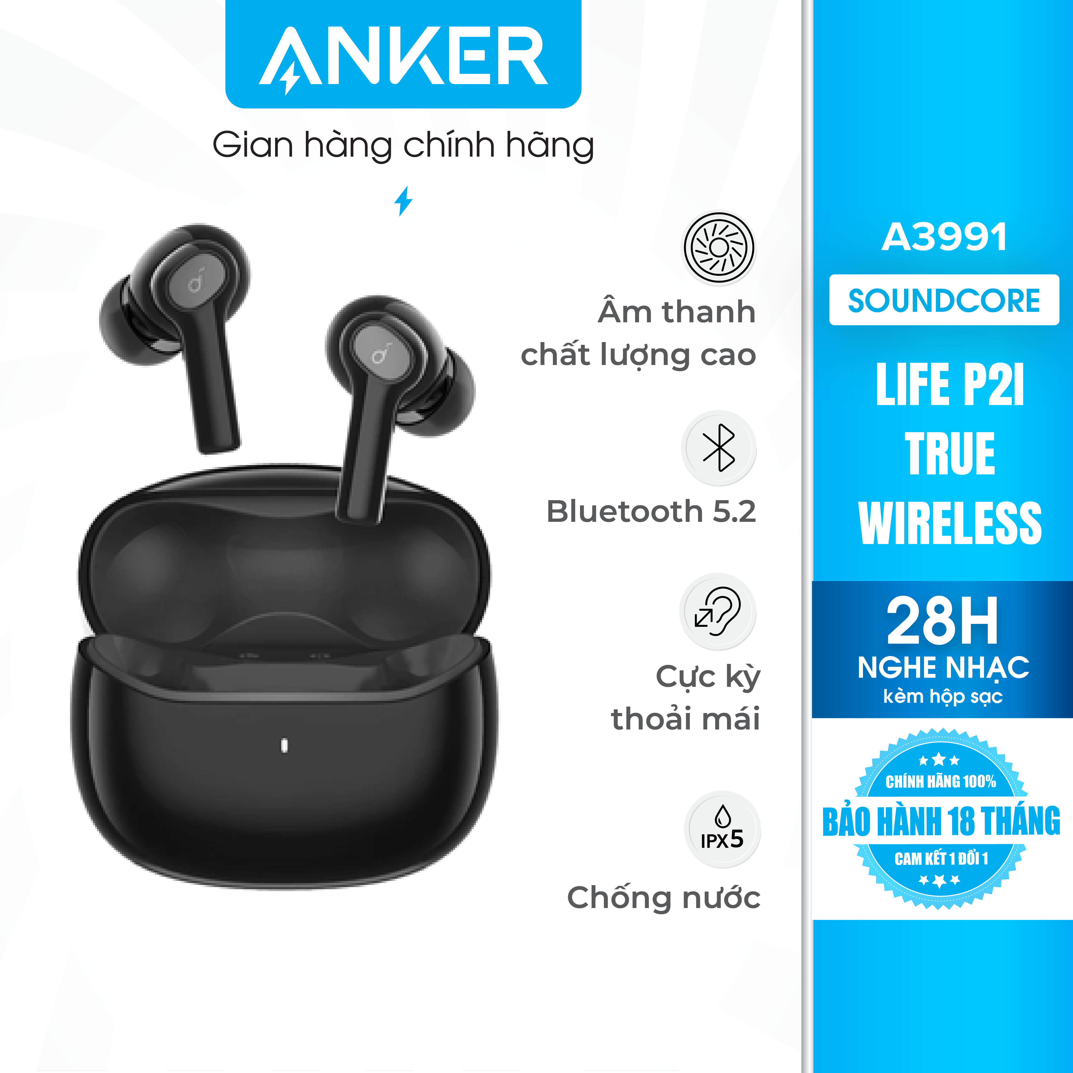 Wireless headset soundcore (by Anker) life P2i true wireless (TWS), 28 hours use, water resistance IPX5, built-in 2 Micro, fast charging 10 minutes take 1 hour, Bluetooth 5.2 newest quick connect with phone-A3991