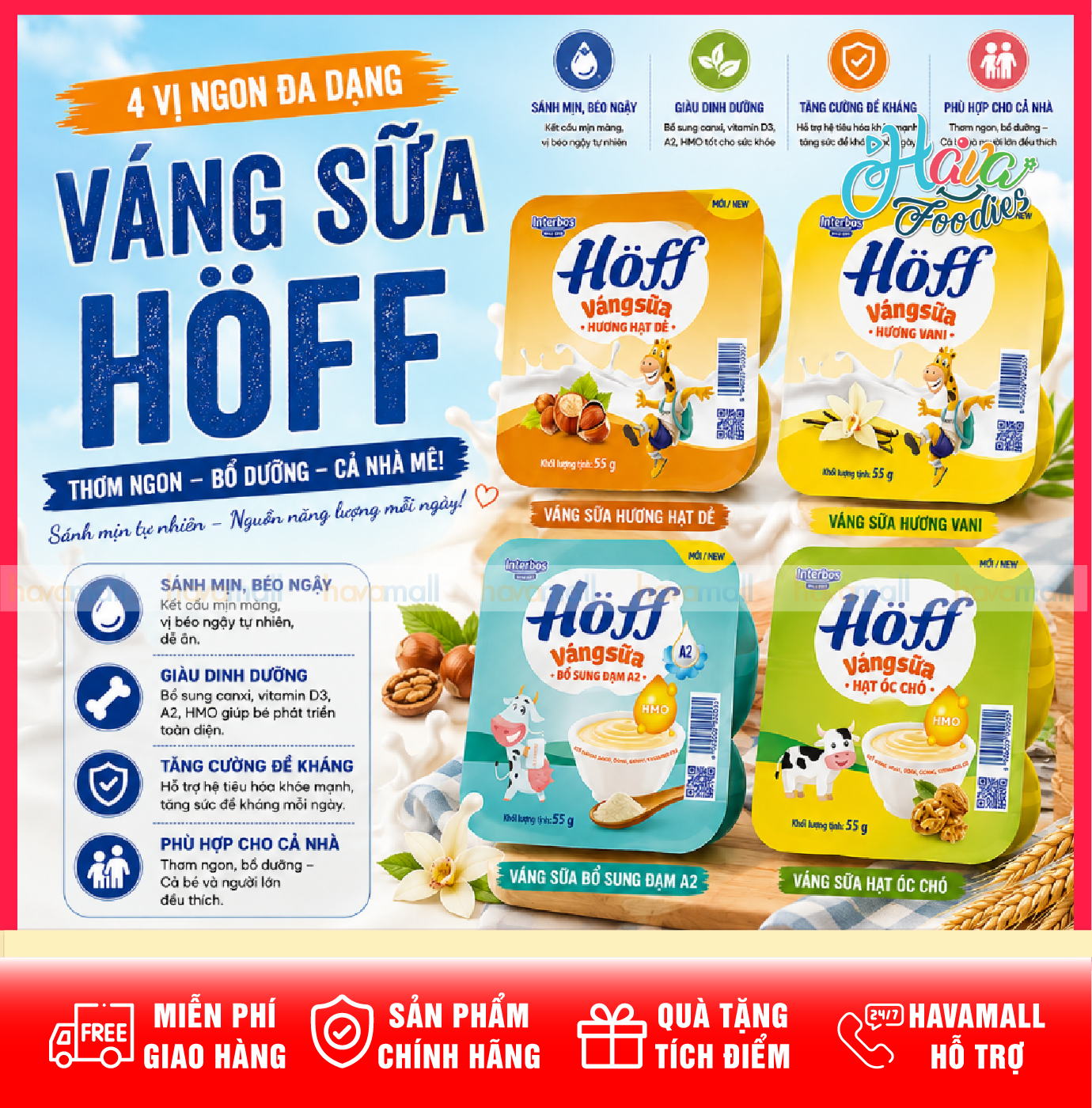 Váng Sữa (Hoff Hương Vị A2, Óc Chó, Hạt Dẻ, Vani) Lốc 4 Hộp x 55g – Hoff Milk Pudding Assorted Flavours