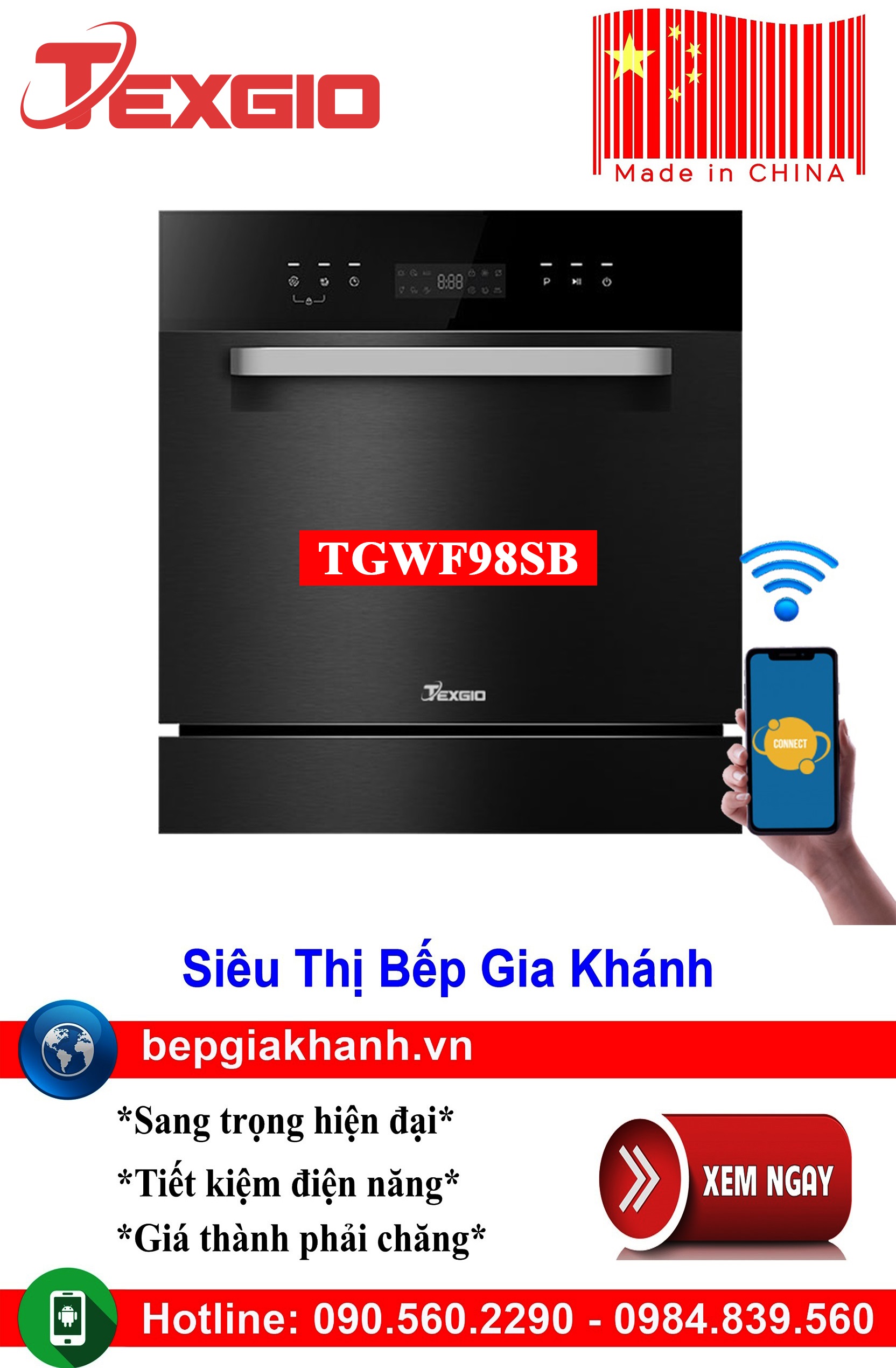 Máy rửa bát 8 bộ Texgio TGWF98SB kết nối WIFI thông minh qua Smartphone