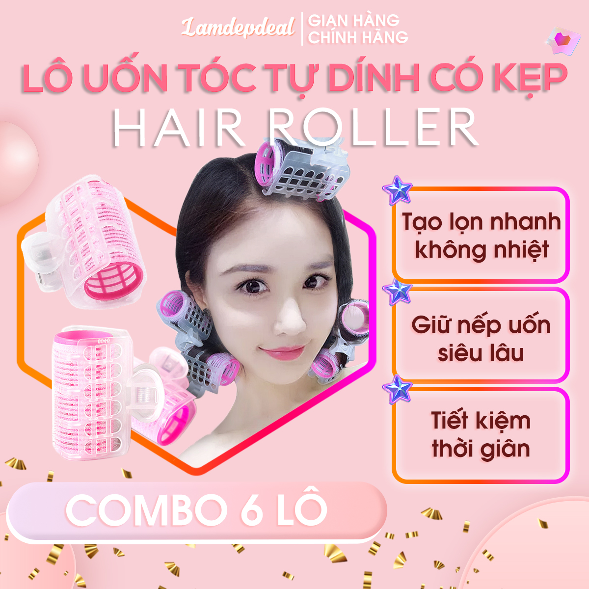 Bộ 6 Lô Uốn Tóc Tự Dính Có Kẹp - Tạo Kiểu Tóc Phồng Xoăn 4IN1, Không Hại Tóc, Không Mất Thời Gian - Lamdepdeal