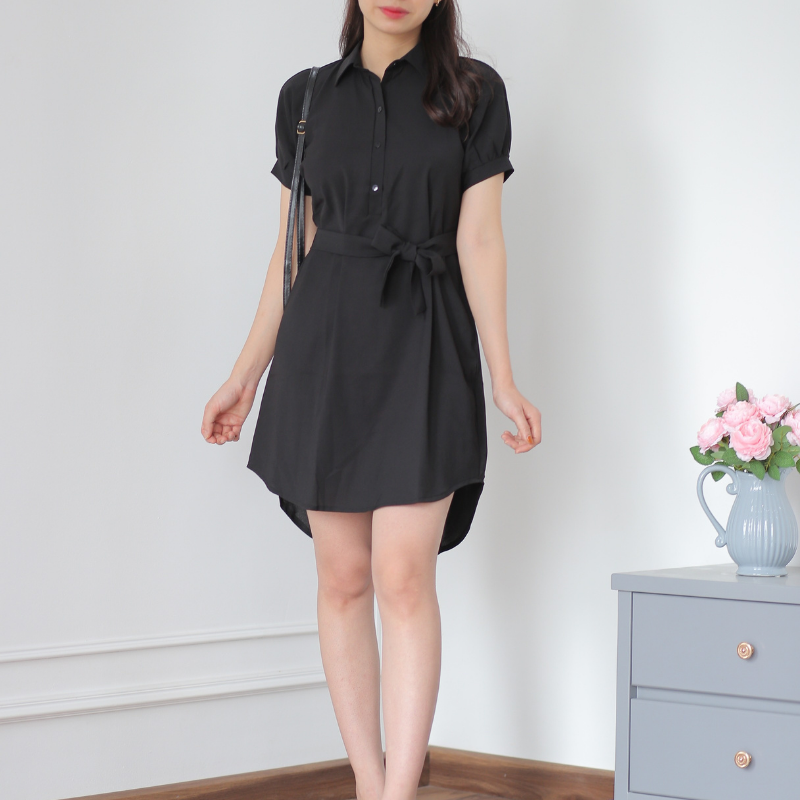 Váy sơ mi suông đen có nơ thắt eo, Chất liệu trượt thái cao cấp co giãn nhẹ - Đủ size