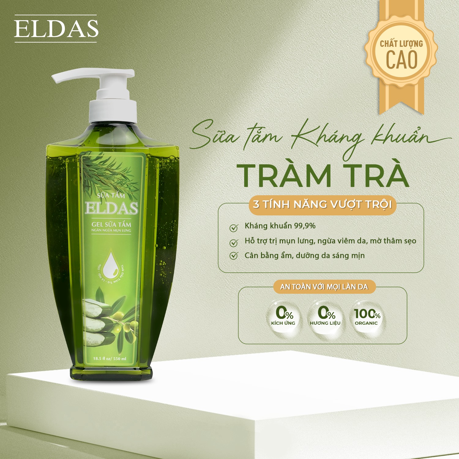 Sữa tắm trắng da eldas, sữa tắm mụn lưng, tinh chất tràm trà mướp đắng, diệt khuẩn ngừa mụn lưng 330ml