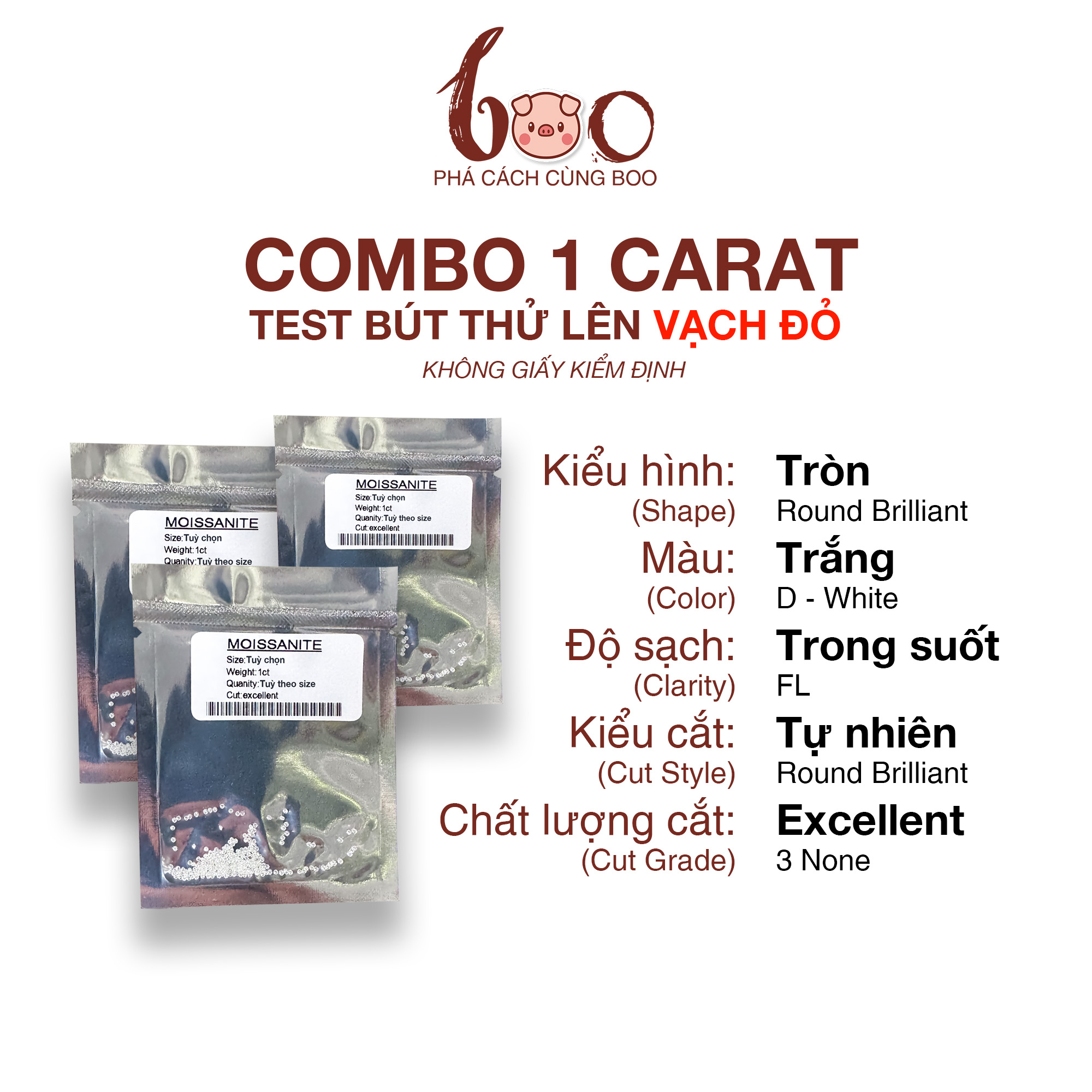 Kim cương moissanite mỹ nước d, độ sạch fl - thử bút lên vạch đỏ