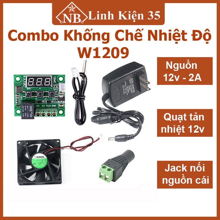 Combo bộ 4 món khống chế nhiệt độ W1209 + nguồn 12v-2A + quạt 12v-8x8x2,5Cm + jack nối nguồn cái chất lượng