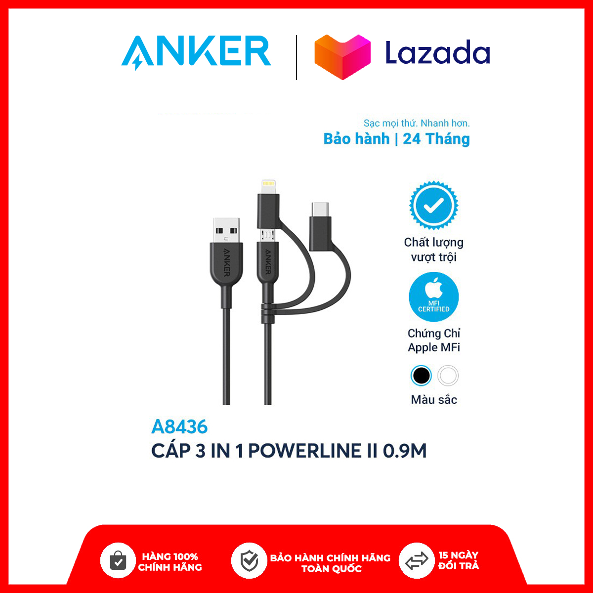Cáp 3 in 1 anker powerline ii 0.9m - a8436