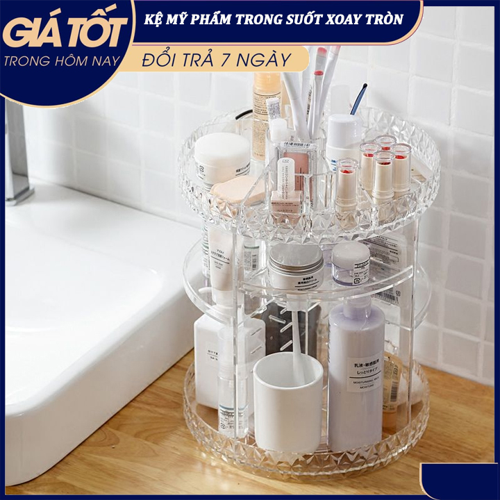 Kệ mỹ phẩm, kệ mỹ phẩm 3 tầng, kệ mỹ phẩm xoay 360 độ - Kệ đựng đồ trang điểm Chất liệu nhựa trong suốt chắc chắn - (TẶNG KÈM GƯƠNG CẦM TAY MINI) ĐỔI TRẢ 7 NGÀY