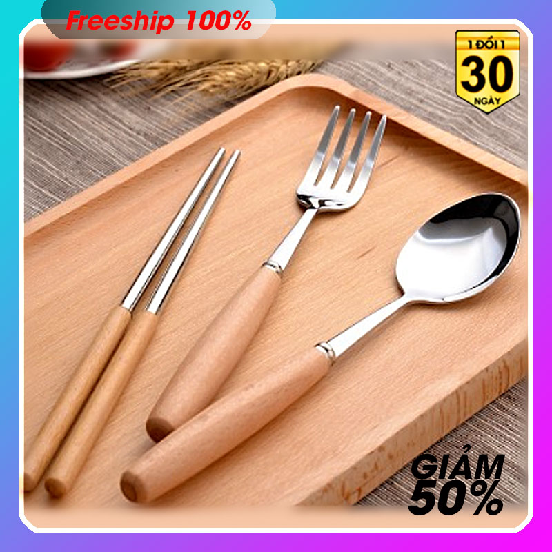 Bộ muỗng đũa thép không rỉ cán gỗ - full hộp nhựa - tiện lợi mọi lúc - bền đẹp rẻ kèm video sản phẩm