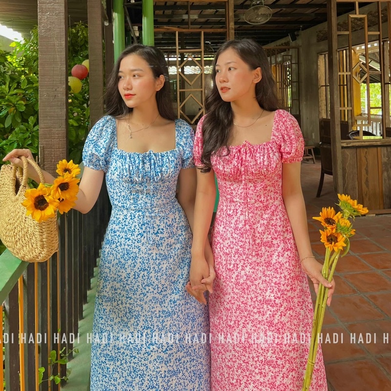 Đầm rút ngực dáng middi vải hoa xốp - Ánh
