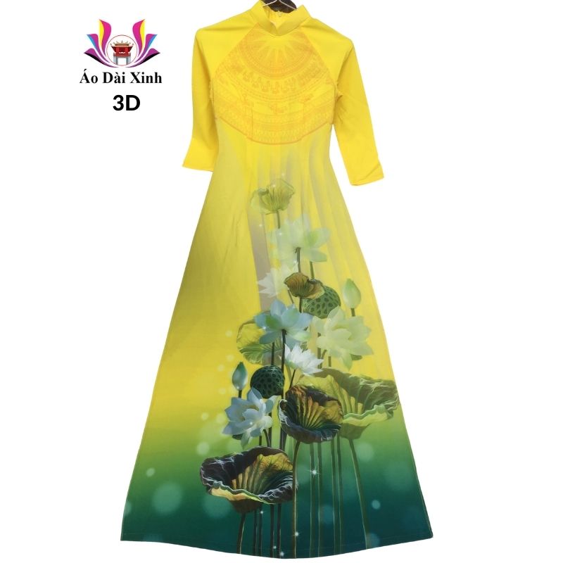 Áo dài truyền thống in 3D lụa Nhật cổ 3cm tay lỡ màu vàng hoa sen.