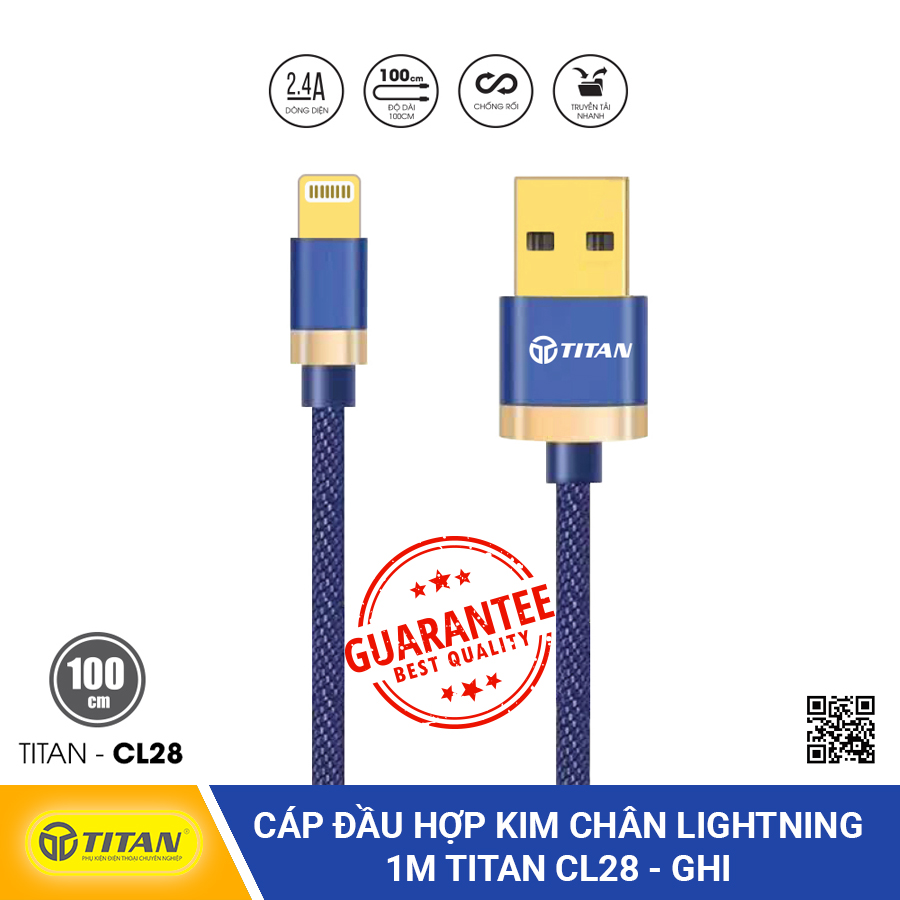 Cáp Sạc TITAN Đầu Hợp Kim Chân Lightning CL28  dài 1m siêu bền cho iphone ipad- Bảo hành 12 tháng