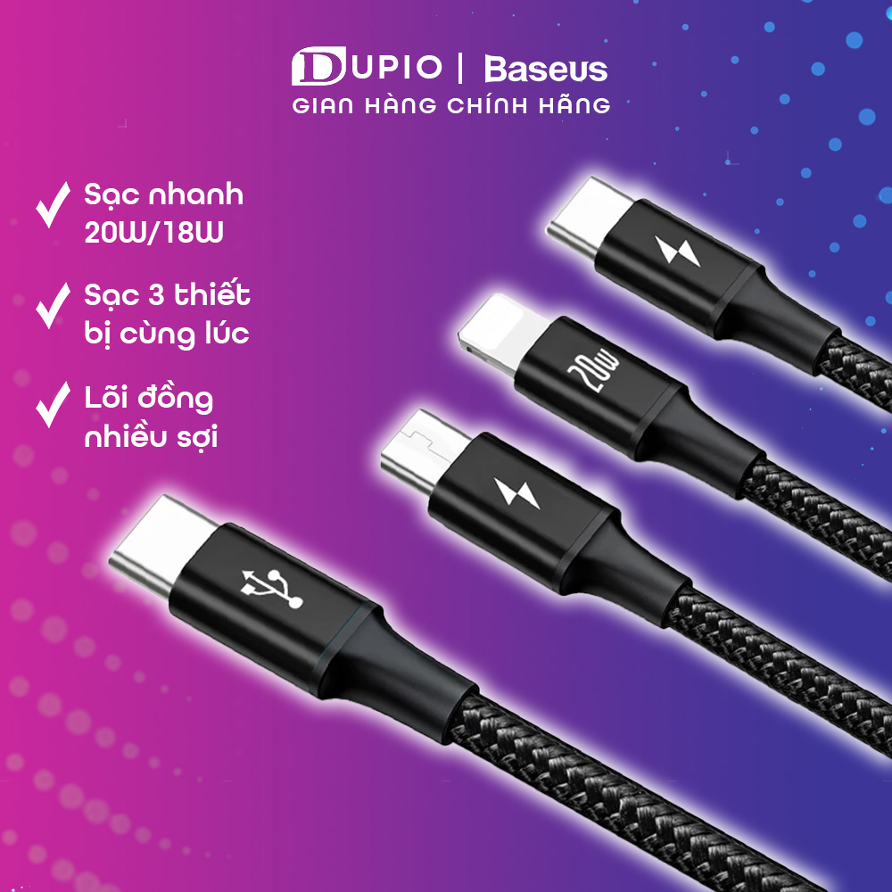 Dây cáp sạc nhanh DUPIO Baseus DS07 đa năng chính hãng 3 đầu type c bọc dù có truyền dữ liệu