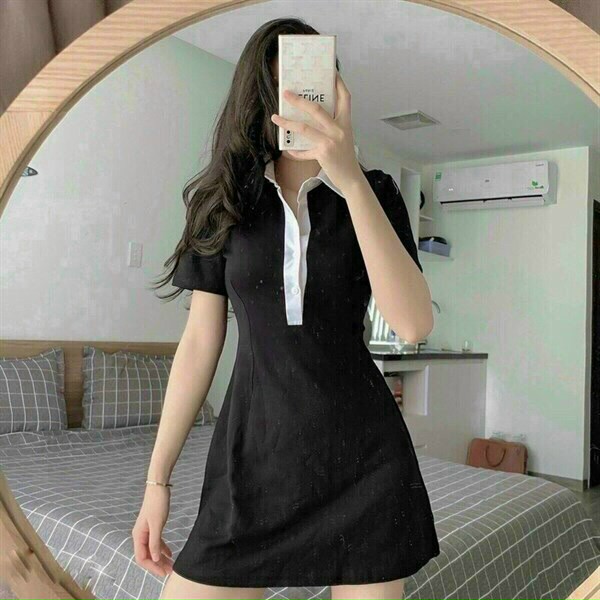 Đầm polo nữ đen dáng ôm váy ngắn body, đầm thun đen basic cổ bẻ phối viền trắng dáng chữ A tay ngắn dạo phố xinh xinh mtb