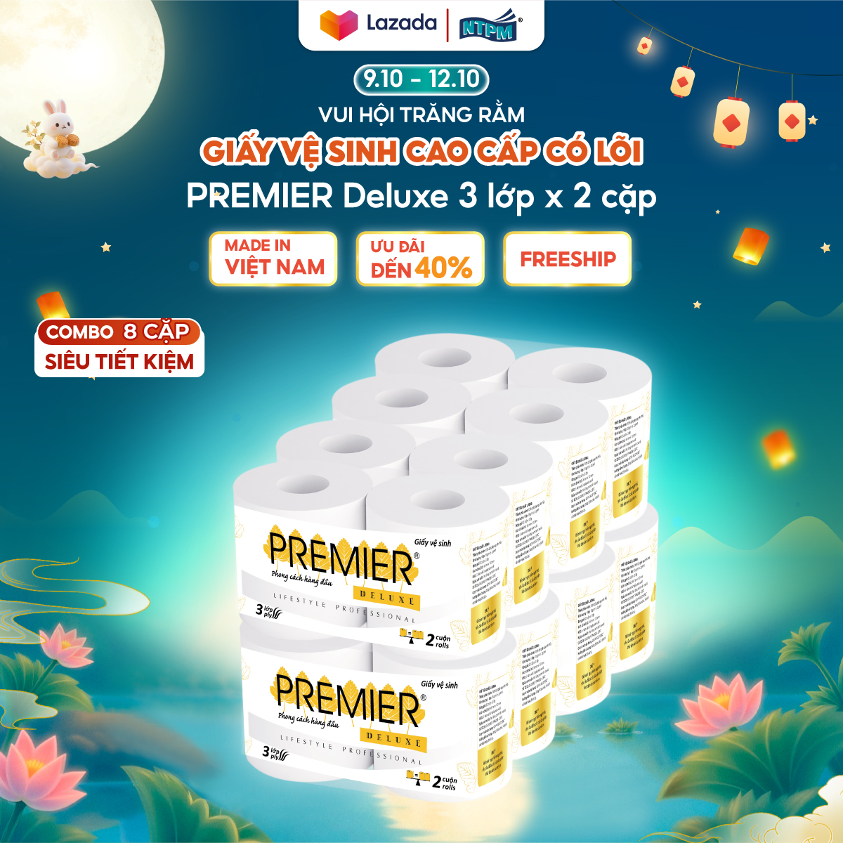 (VC 15%)[COMBO 8 CẶP] Giấy vệ sinh cao cấp PREMIER Deluxe có lõi, 3 lớp 100% bột giấy nguyên thủy, không chất tẩy lốc 2 cuộn