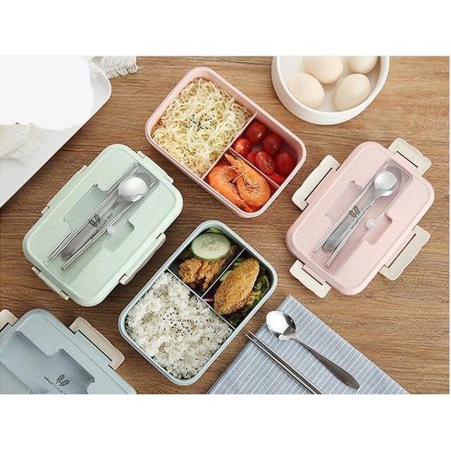 Hộp cơm lúa mạch 3 ngăn 1 tầng tặng kèm thìa, dĩa, đũa