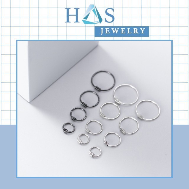 Bông tai bạc H.A.S dạng khoen tròn Size 8mm 10mm - Bông khoen bạc đơn giản