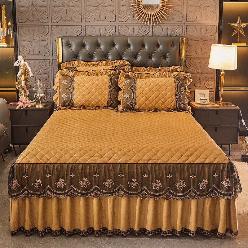 set (bộ) ga trải giường, vỏ gối nỉ trần bông phủ bèo ren kích thước 1m6, 1m8, 2mx2m2, chăn ga gối nệm