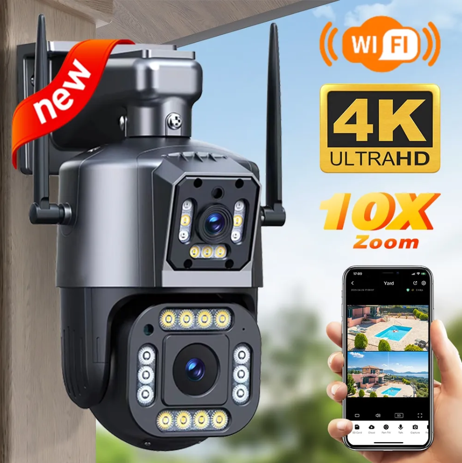 Camera 2 Mắt Ngoài Trời Camera Wifi Không Dây HD 8MP PTZ WiFi 4K Camera Xoay 360 Độ PTZ Xem 2 Màn Hình Cùng Một Lúc Độ Phân Giải 8.012 MP Zoom10X Đàm Thoại 2 Chiều Phát Hiện Chuyển Động Mhông Minh Ban Đêm Có Màu Chống Nước