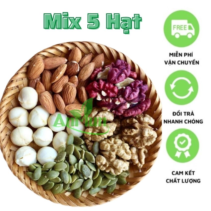 Hạt Dinh Dưỡng Mix 5 Hạt (Hạt Macca, , Óc Chó Đỏ, Óc Chó Nếp, Hạnh Nhân, Bí Xanh) - AnMun (500g)
