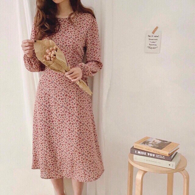 Váy hoa nhí cổ tròn mới - váy vintage tiểu thư