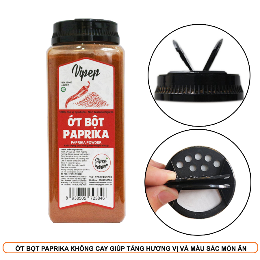 Ớt bột paprika không cay 450gr giúp tăng hương vị và màu sắc món ăn - ớt cựa gà không cay