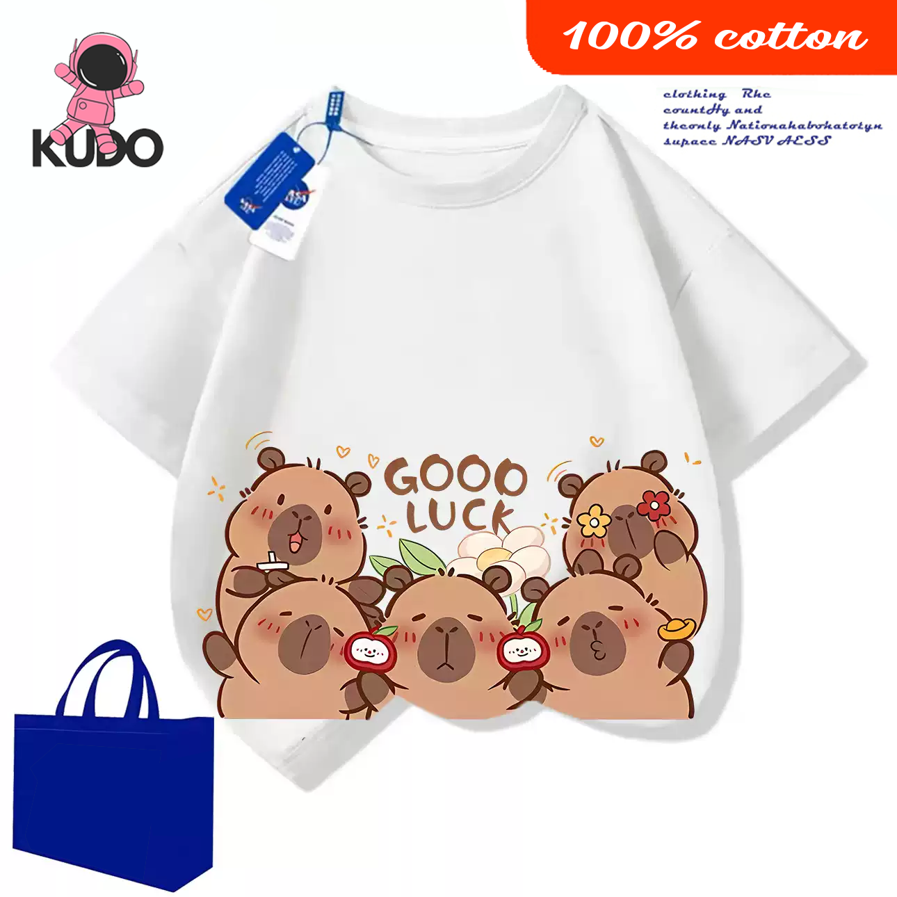 Áo thun cho bé KUDO size 10 - 40 kg họa tiết chuột lang nước capybara dễ thương chất vải 100% cotton tự nhiên