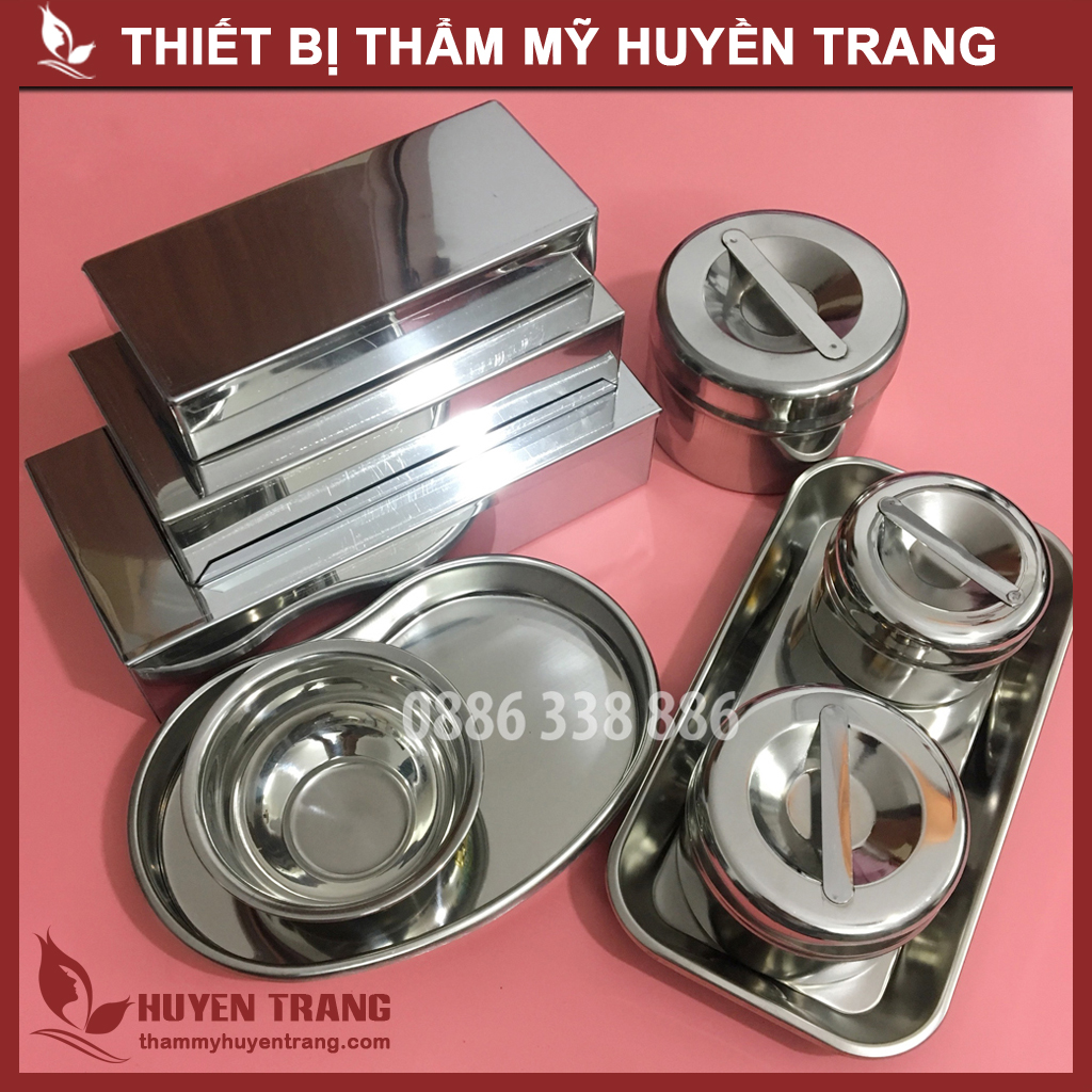 Dụng cụ spa, dụng cụ y tế: bát inox, khay inox, khay hạt đậu, hộp inox có nắp, panh y tế, trụ cắm panh