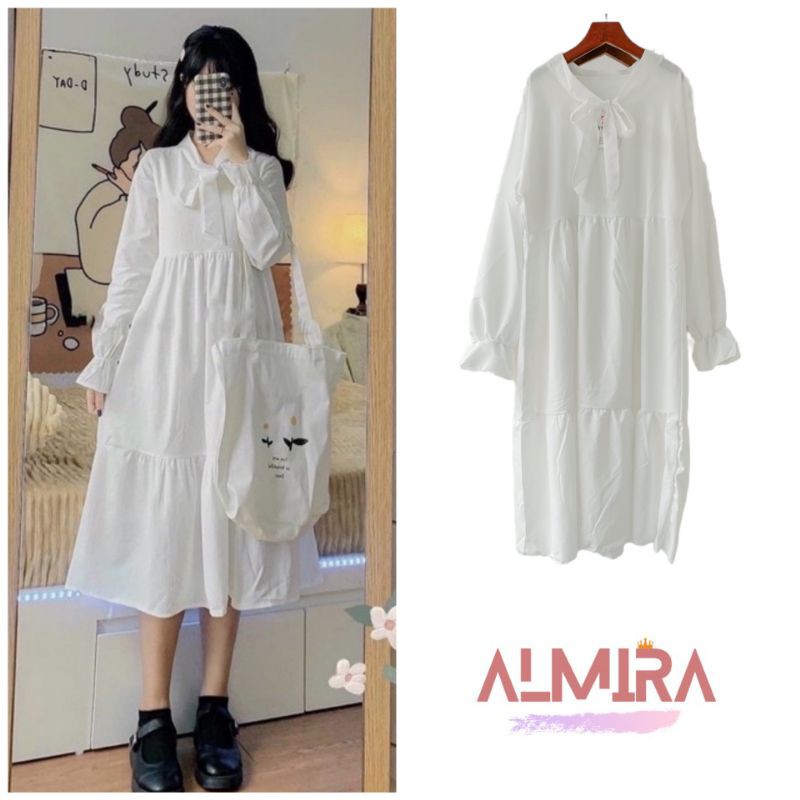 Váy Baby Doll Cổ Nơ Màu Trắng, Đầm Trắng Chụp Kỷ Yếu, Dự Tiệc , Sống Ảo