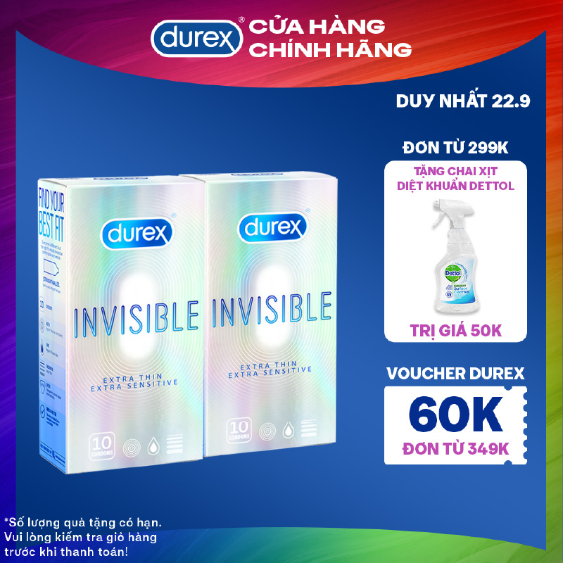 Bộ 2 hộp bao cao su Durex Invisible siêu mỏng size 52mm 10 bao/hộp