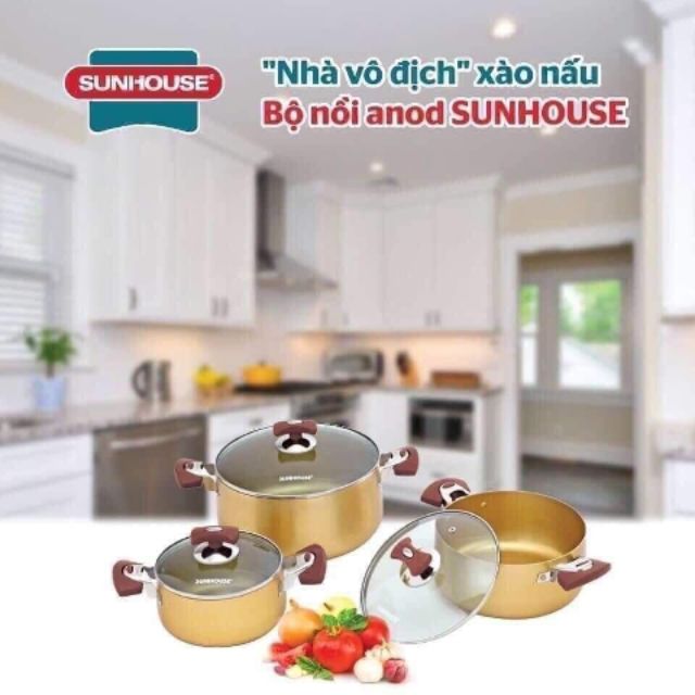BỘ NỒI ANOD SUNHOUSE SH6634 - Bộ nồi dùng bếp gas - Bộ nồi dùng bếp hồng ngoại - Bộ 3 nồi Sunhouse - Hàng chính hãng-BỘ 3 NỒI SUNHOUSE VÀNG-Bộ 3 nồi nhôm anod Sunhouse SH6633/ SH6634 - Đường kính 16/18-20/24 (cm) - Bảo hành 12 tháng