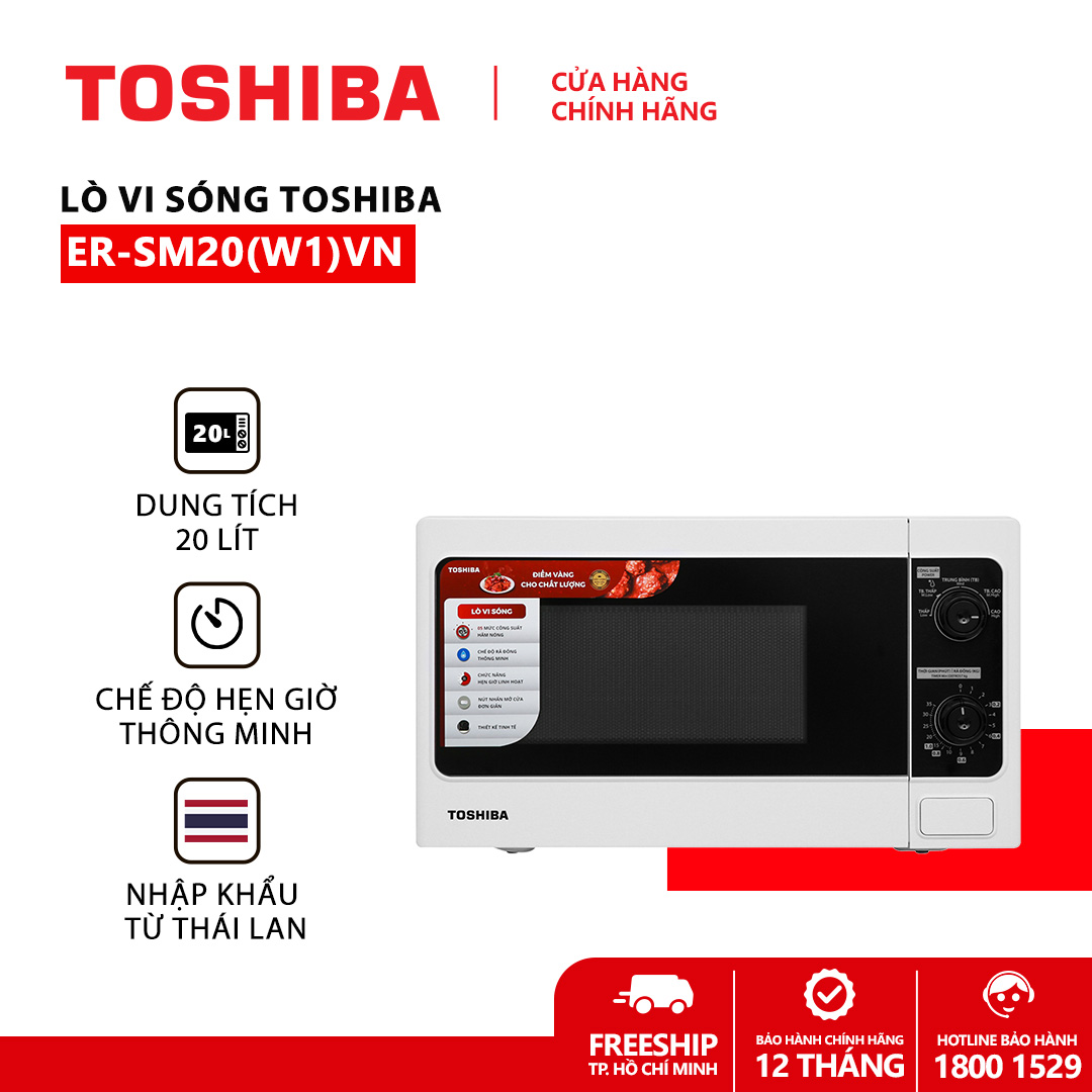 Lò vi sóng Toshiba ER-SM20(W1)VN -  Dung tích 20L - Công suất 800W - Xuất xứ Thái Lan - Chức năng hẹn giờ lên đến 35 phút Cài đặt rã đông theo trọng lượng Có bảng điều khiển bằng Tiếng Việt . Hàng chính hãng, bảo hành 12 tháng, chất lượng Nhật Bản