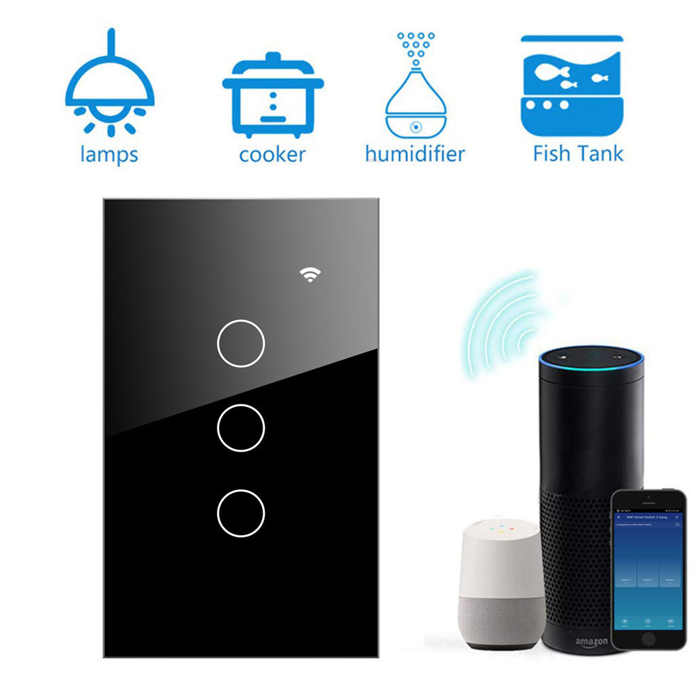 Công tắc thông minh wifi rf 433 điều khiển từ xa app tuya smart life 3 nút đen âm tường cảm ứng cao cấp cho đèn, quạt,.nhà thông minh