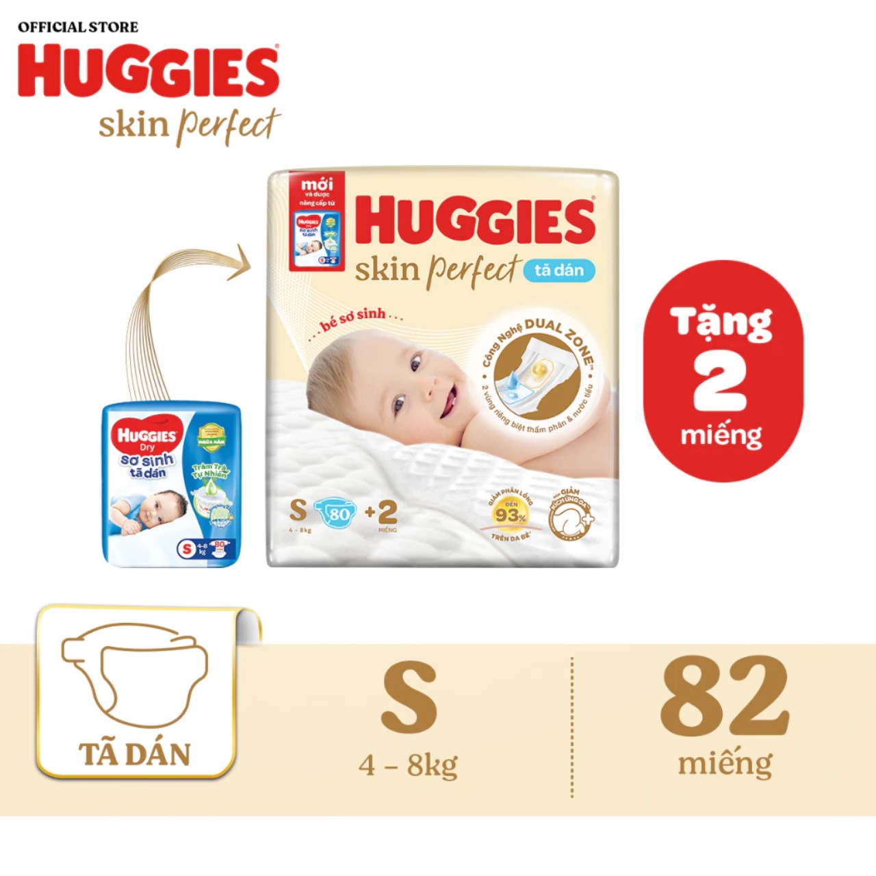 MẪU MỚI NÂNG CẤP TRÀM TRÀ Tả dán huggies Skin Perfect sơ sinh SIZE S80 miếng TẶNG 2 MIẾNG CHÓ BÉ 4-8KG MẪU MỚI NHẤT