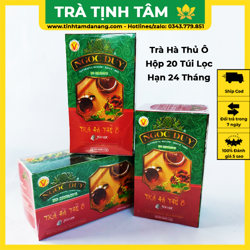 Trà hà thủ ô đỏ chế túi lọc Ngọc Duy nguyên chất hộp 40gr 20 túi lọc Tịnh Tâm uống giúp đẹp da giảm rụng bạc tóc