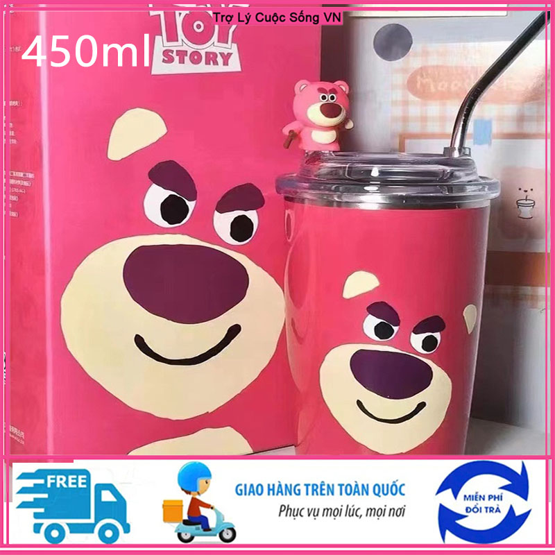 Cốc giữ nhiệt gấu dâu losto 450ml inox 304 giữ nhiệt 8-10 tiếng, ly giữ nhiệt gấu hồng có nắp chống tràn, kèm ống hút