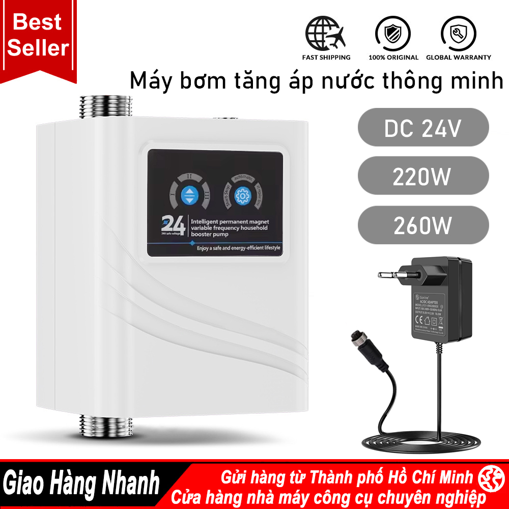 Máy bơm tăng áp 24v 220w 260w tăng áp được từ 1-5 phòng nhà, khong tiếng ồn không tích áp đường ống