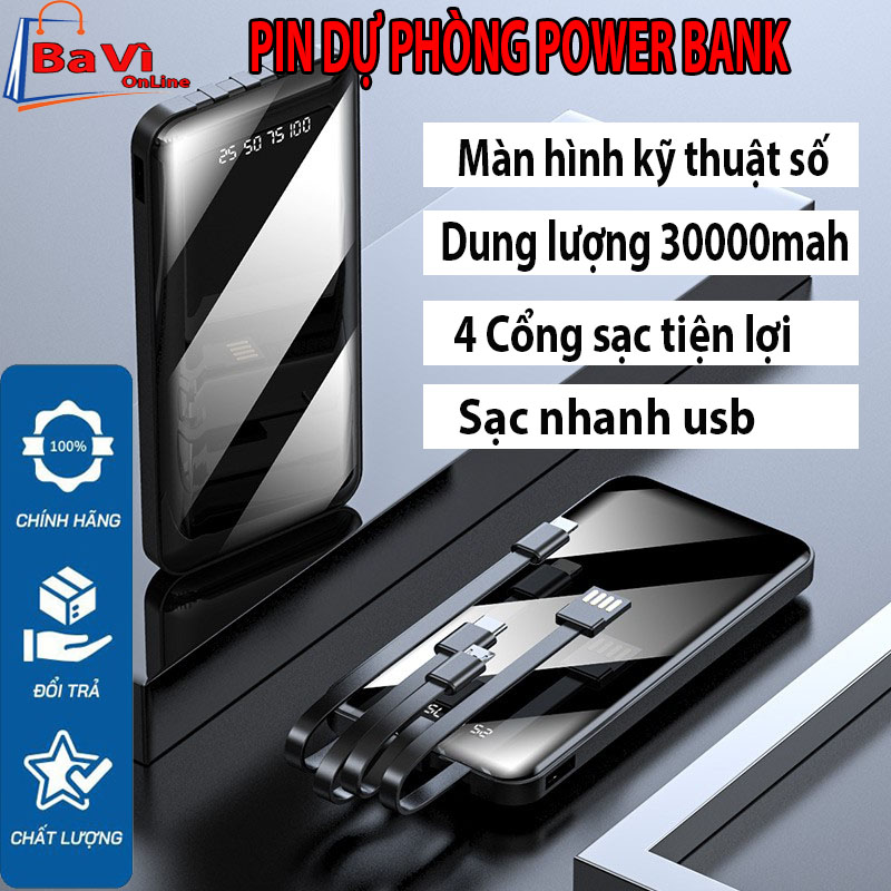 Sạc dự phòng 30000mah, cục sạc dự phòng power bank cao cấp, sạc dự phòng 4 đầu cáp sạc, Lightning, Typec, micro usb tiện dụng, sạc dự phòng không dây, sạc dự phòng có đèn led hiển thị, pin sạc dự phòng