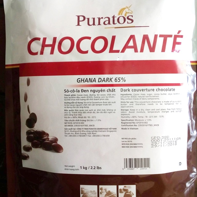 Socola Puratos Nguyên chất hạt nút 65% 1kg