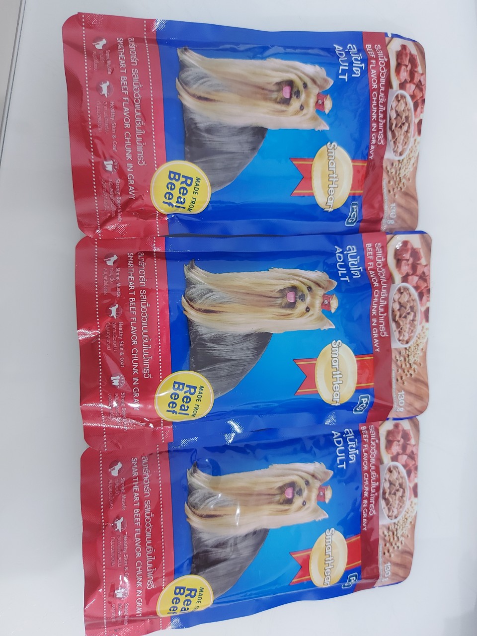 SMARTHEART Thức ăn cho chó lớn dạng sốt (3 gói x130g) Mix vị bò - gà - gan ( 3x130g)